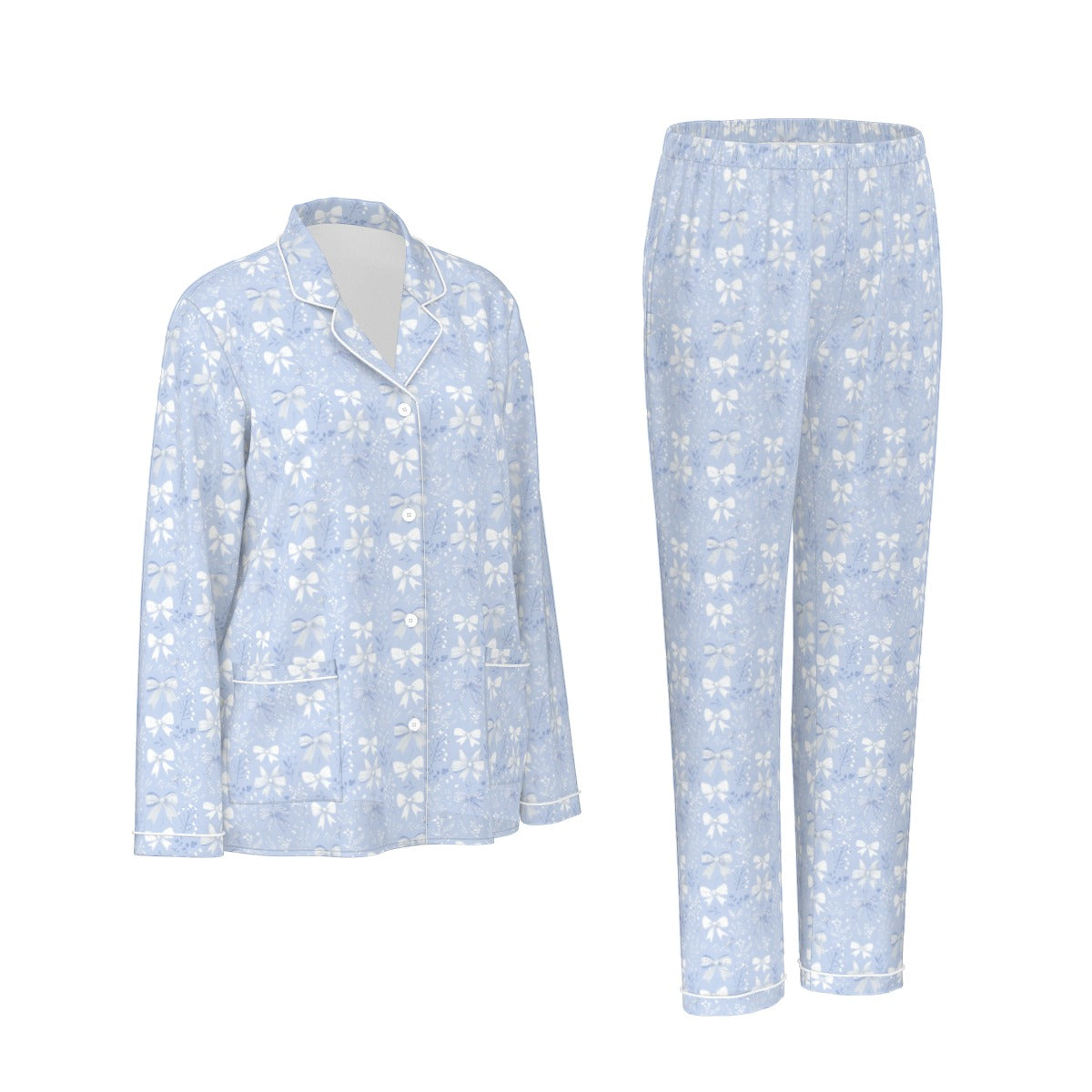 Blue Bow Women's Button Down Sleep Set