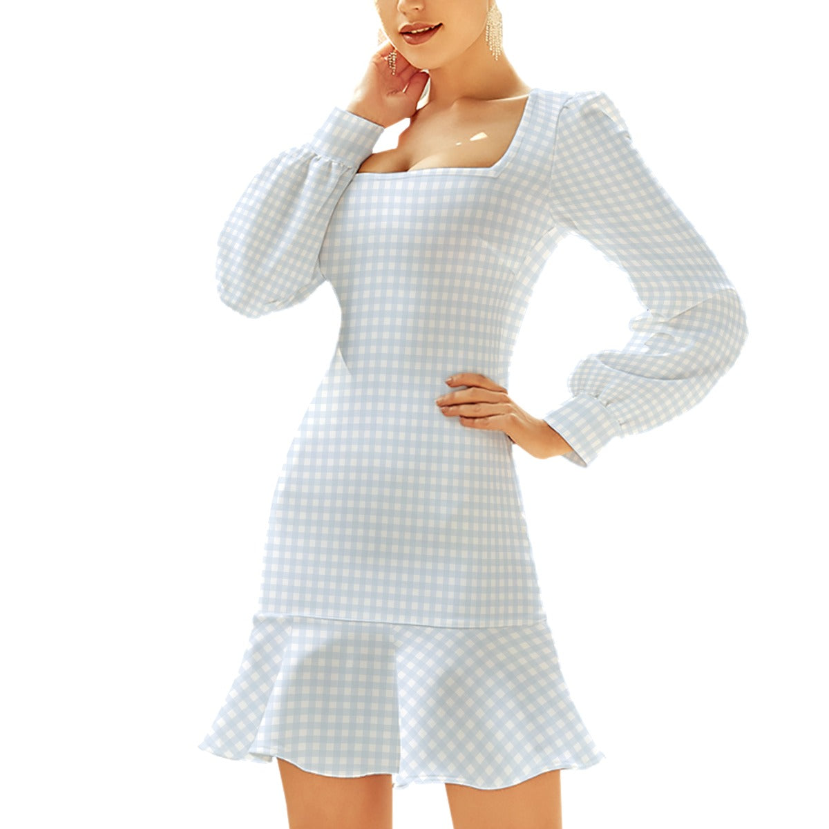 Blue Gingham Women's Ruffle Hem Dress