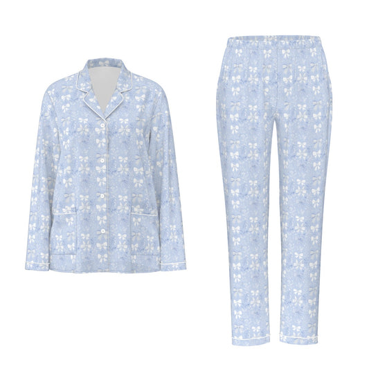 Blue Bow Women's Button Down Sleep Set